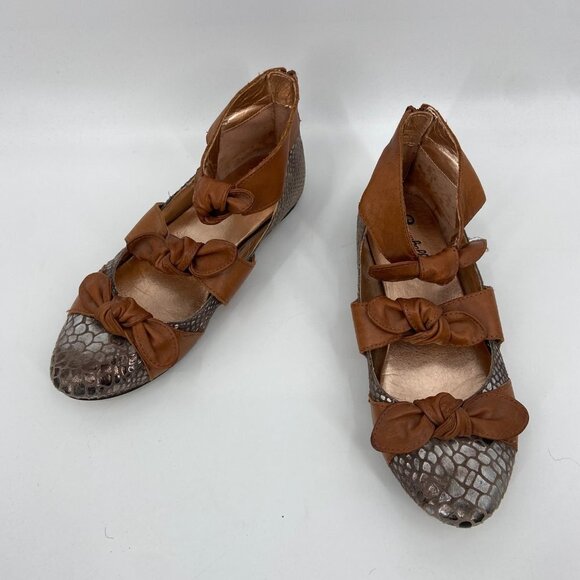 SEYCHELLES Brown Leather Upper Reptile Textured Bow Tie Ankle Strap Flat Shoes 8 - Picture 3 of 9